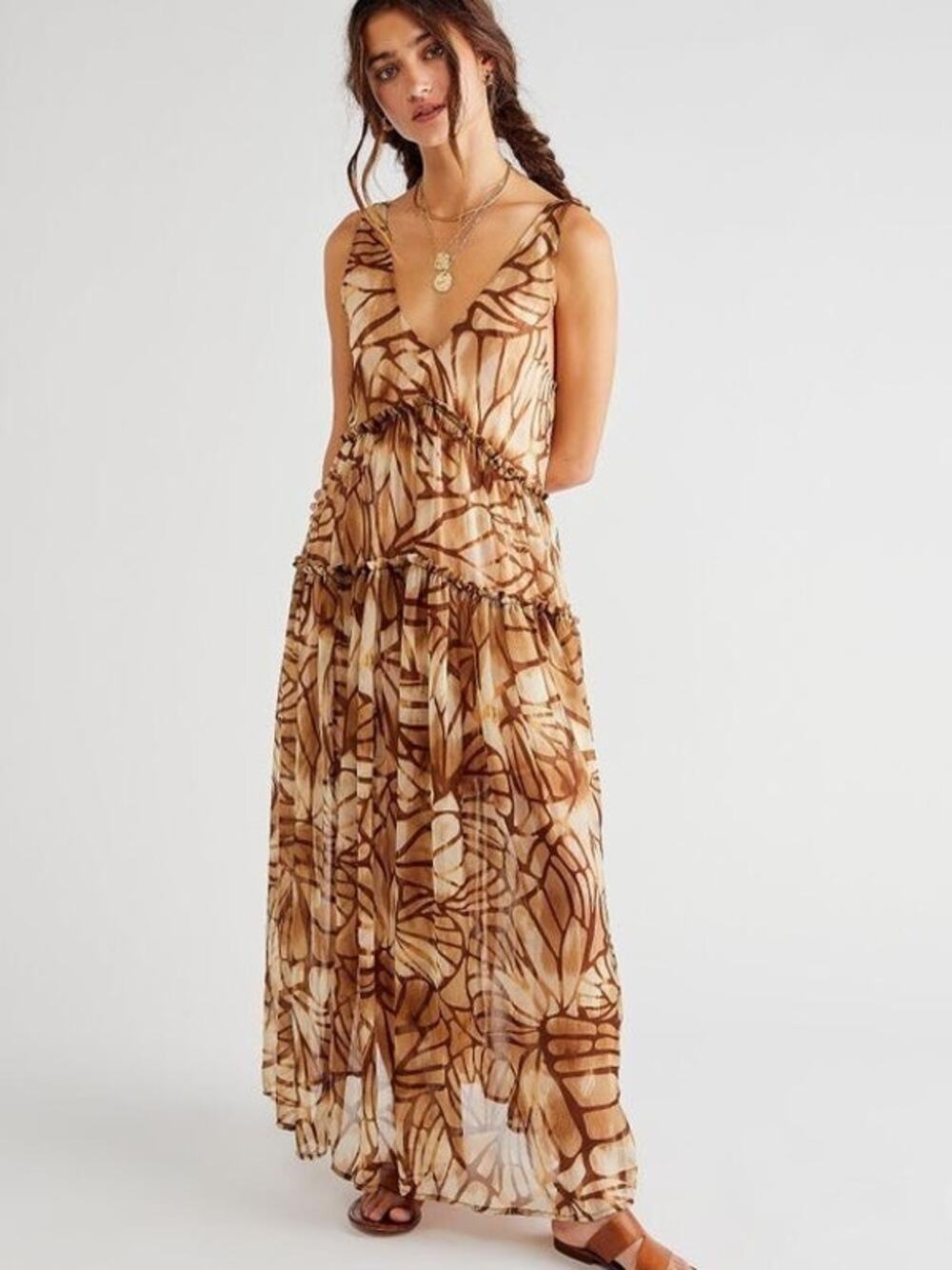 Free People Julianna Floral Print Tiered Maxi Dress Sand Combo Festival